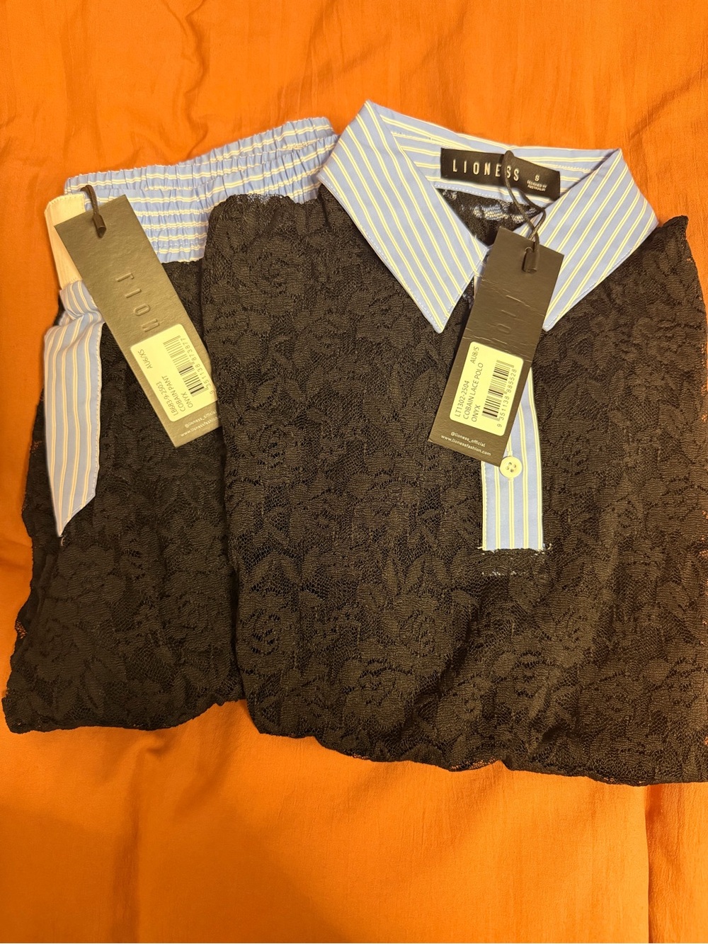 Lioness Black Lace Button-Down Shirt with Blue-White Striped Collar